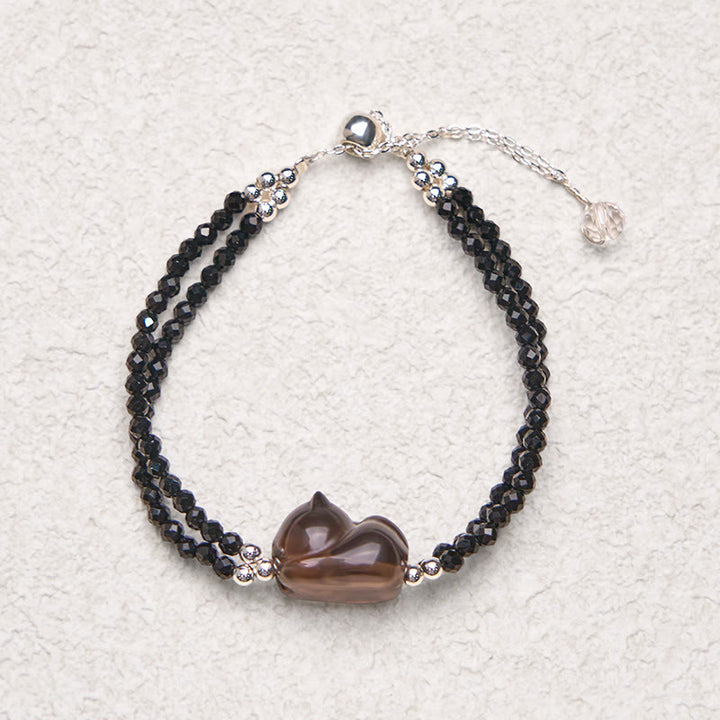 Buddha Stones Ice Obsidian Black Spinel Lying Cat Courage Double Layer Bracelet - image 5