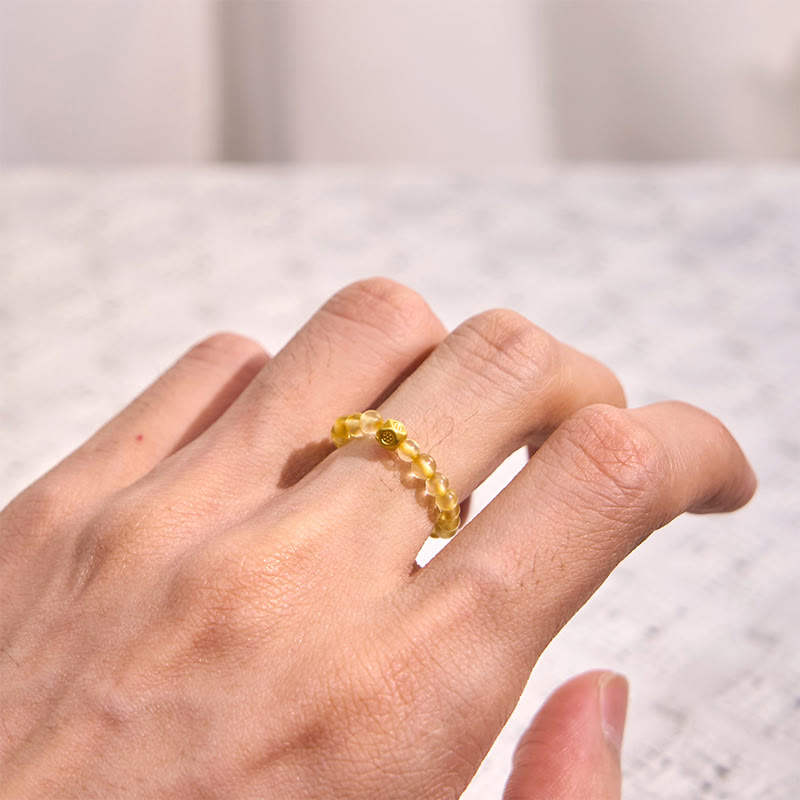 Buddha Stones 3mm Golden Rutilated Quartz Beads Wealth Elastic String Ring
