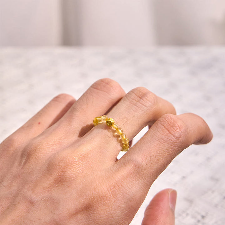 Buddha Stones 3mm Golden Rutilated Quartz Beads Wealth Elastic String Ring