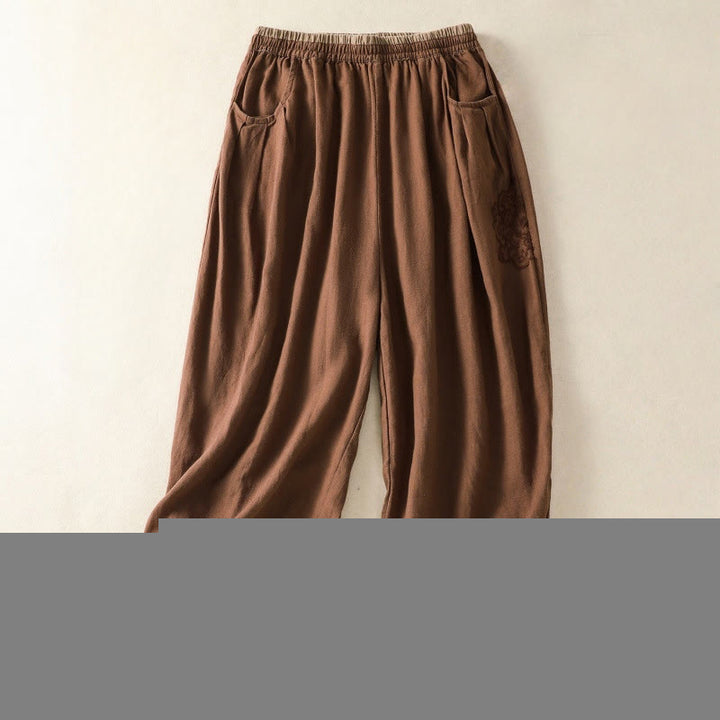 Buddha Stones Casual Embroidery Women's Cotton Linen 7-8 Length Harem Pants With Pockets - Sienna - US8-10，UK/AU12-14，EU40-42 (2XL) - image 23