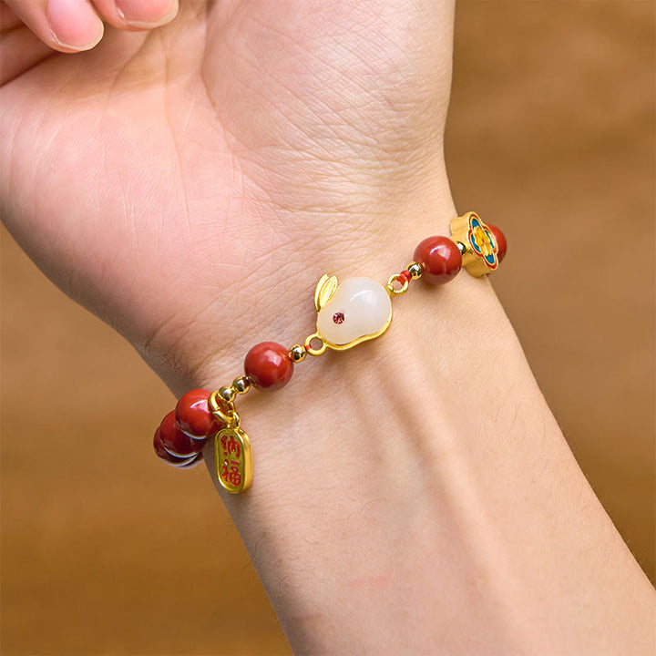 Buddha Stones Cinnabar Cute Rabbit Bunny Fu Character Calm Bracelet