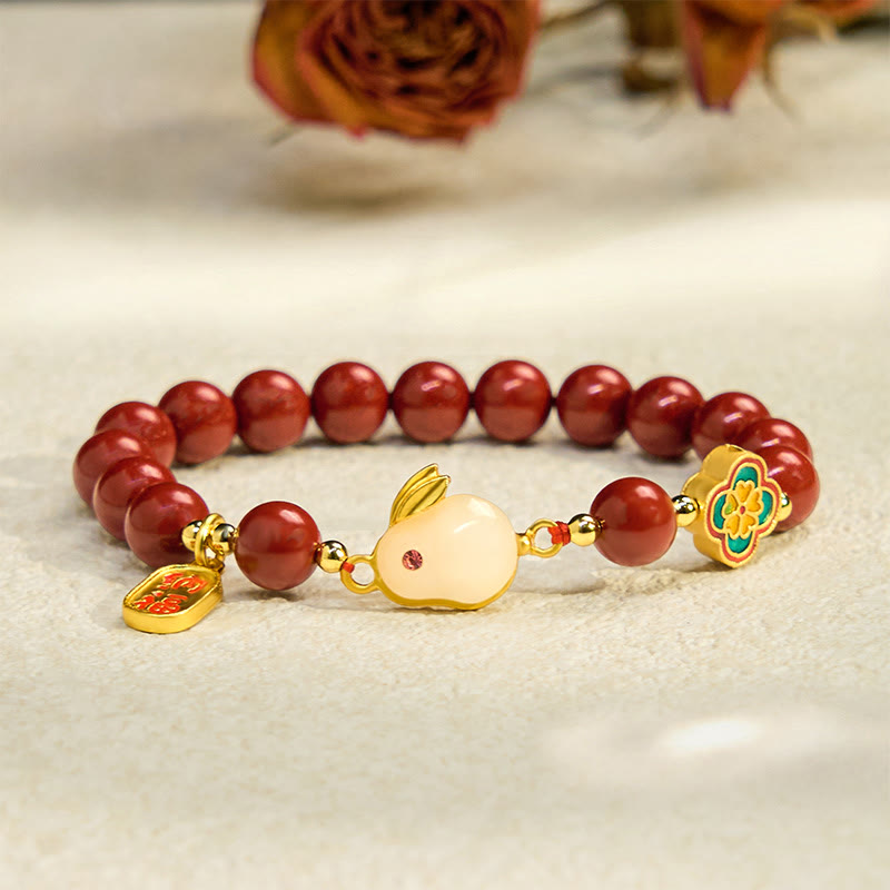 Buddha Stones Cinnabar Cute Rabbit Bunny Fu Character Calm Bracelet