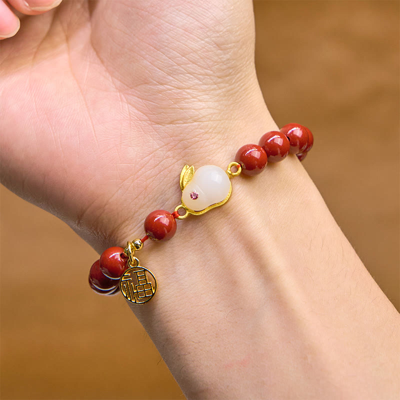Buddha Stones Cinnabar Rabbit Bunny Fu Character Blessing Bracelet