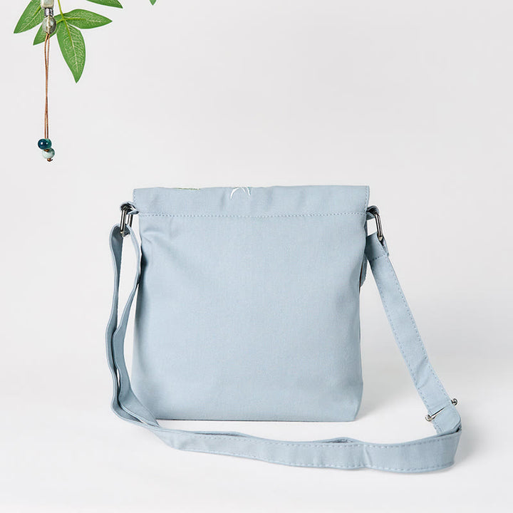 Buddha Stones Plain Embroidered LightBlue Epiphyllum Cotton Linen Crossbody Bag Shoulder Bag