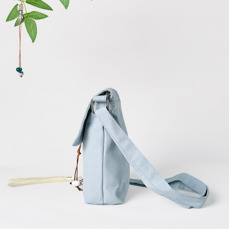 Buddha Stones Plain Embroidered LightBlue Epiphyllum Cotton Linen Crossbody Bag Shoulder Bag