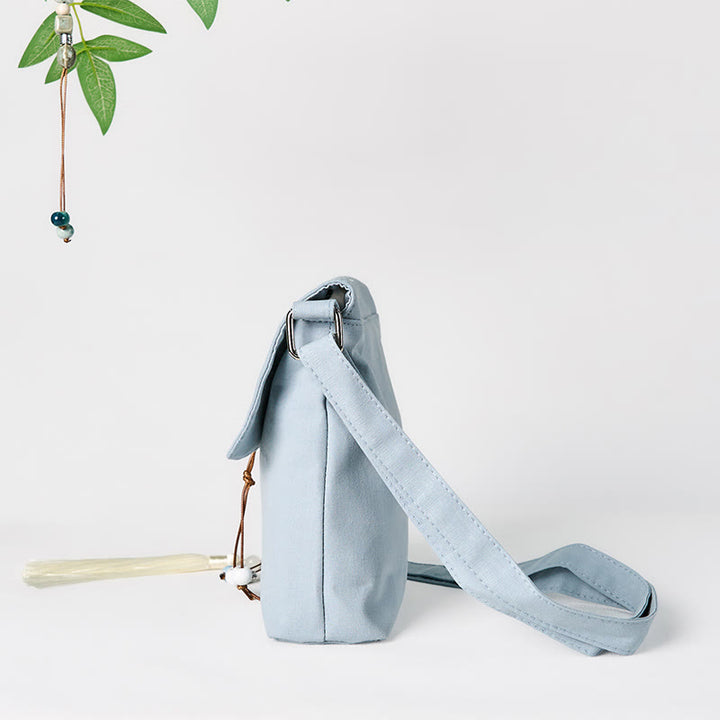 Buddha Stones Plain Embroidered LightBlue Epiphyllum Cotton Linen Crossbody Bag Shoulder Bag