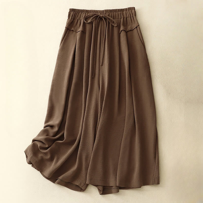 Buddha Stones Causal Ethnic Simple Drawstring Design Women's Wide Leg Cropped Pants With Pockets - SaddleBrown - US8-10，UK/AU12-14，EU40-42 (2XL) - image 0