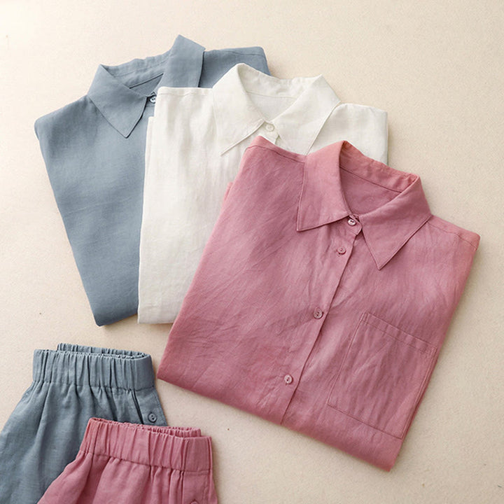 Buddha Stones Summer 2pcs Plain Long Sleeve Shirt Top Shorts Meditation Clothing Women's Set With Pockets - image 33