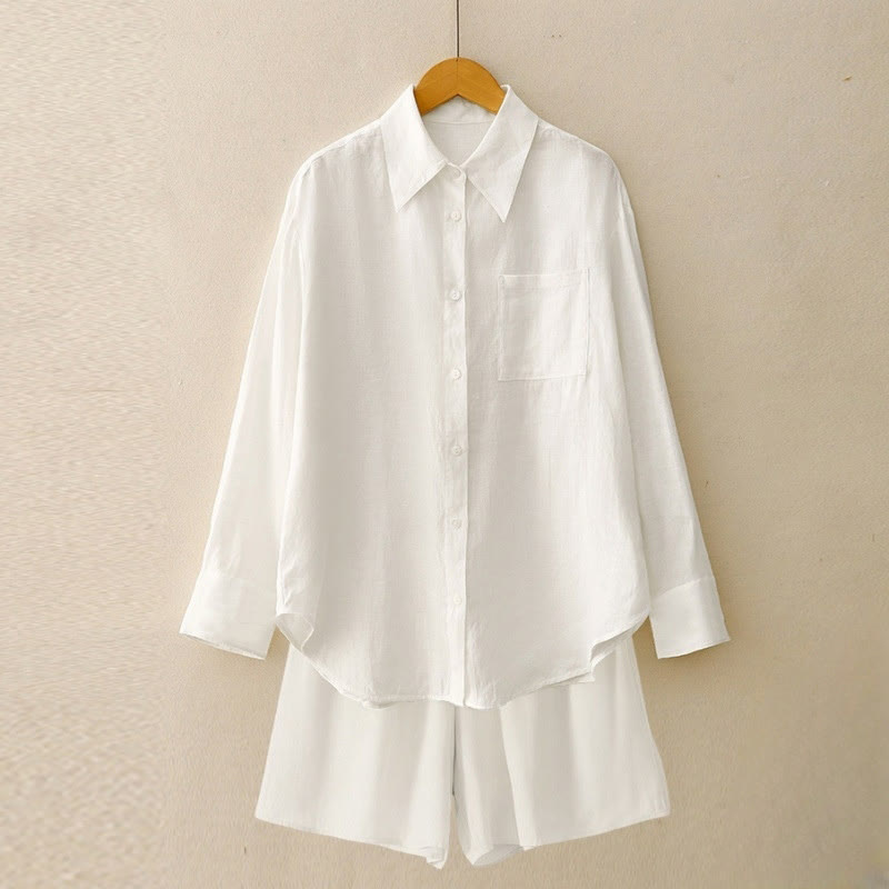 Buddha Stones Summer 2pcs Plain Long Sleeve Shirt Top Shorts Meditation Clothing Women's Set With Pockets - White - US12，UK/AU16，EU44 (2XL) - image 28