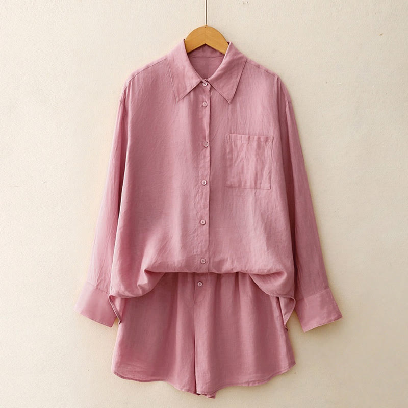 Buddha Stones Summer 2pcs Plain Long Sleeve Shirt Top Shorts Meditation Clothing Women's Set With Pockets - image 1