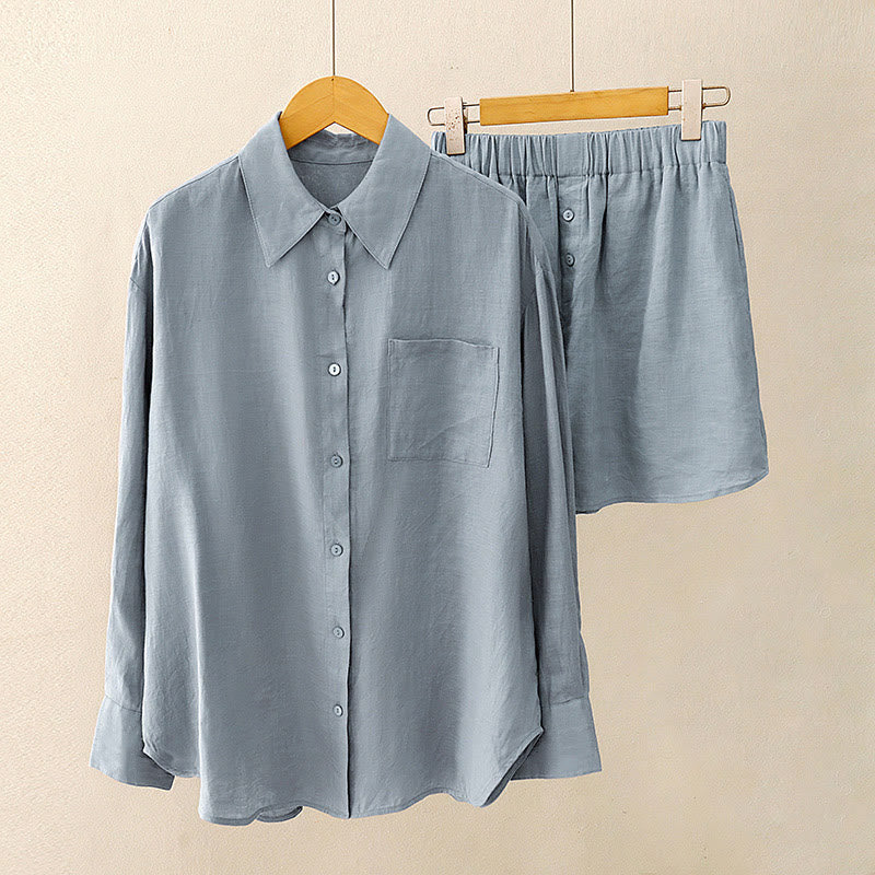 Buddha Stones Summer 2pcs Plain Long Sleeve Shirt Top Shorts Meditation Clothing Women's Set With Pockets - image 18