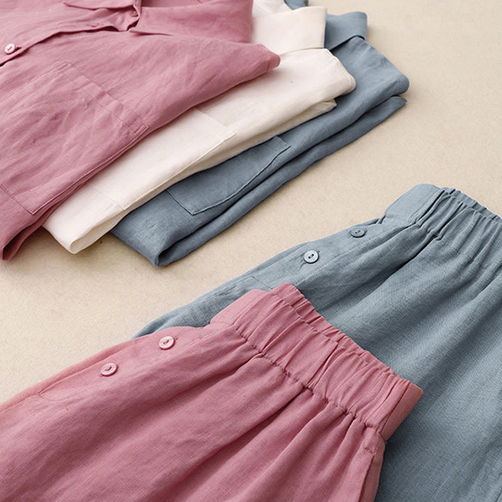 Buddha Stones Summer 2pcs Plain Long Sleeve Shirt Top Cardigan Shorts Meditation Clothing Women's Set With Pockets - image 34