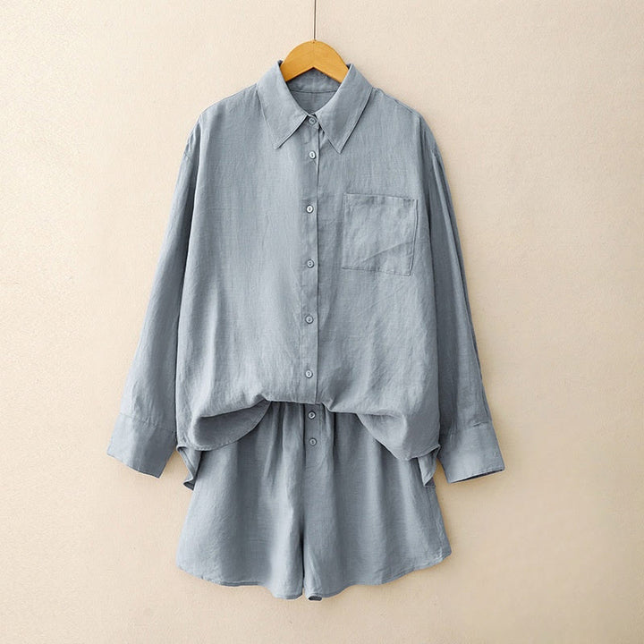 Buddha Stones Summer 2pcs Plain Long Sleeve Shirt Top Shorts Meditation Clothing Women's Set With Pockets - CornflowerBlue - US12，UK/AU16，EU44 (2XL) - image 17