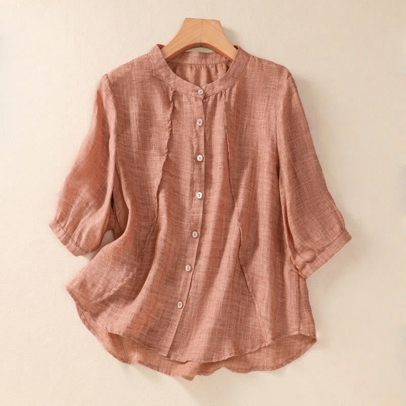 Buddha Stones Casual Daily Plain Button Ruffled Design Stand Collar Women's Cotton Linen Three Quarter Sleeve Shirt - Coral - US8-10，UK/AU12-14，EU40-42 (2XL) - image 15