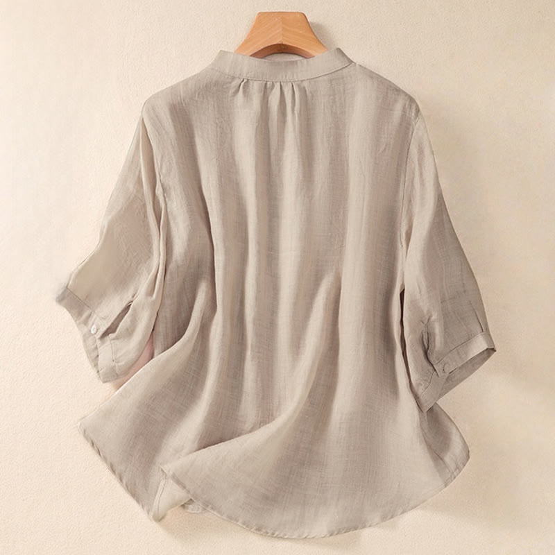Buddha Stones Casual Daily Plain Button Ruffled Design Stand Collar Women's Cotton Linen Three Quarter Sleeve Shirt - image 8