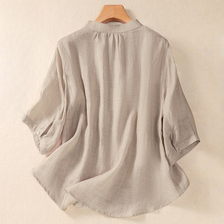 Buddha Stones Casual Daily Plain Button Ruffled Design Stand Collar Women's Cotton Linen Three Quarter Sleeve Shirt - image 8