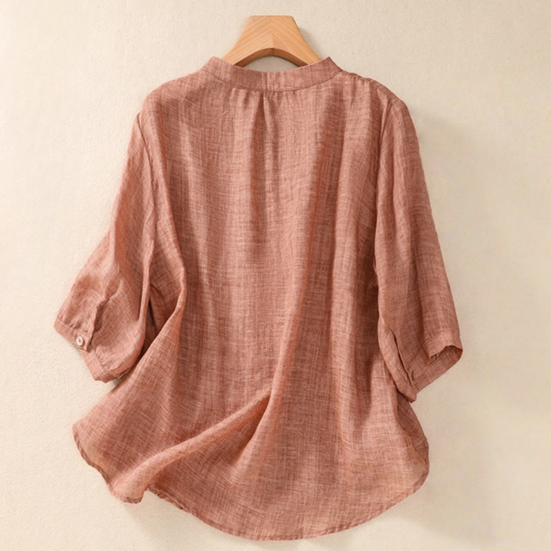 Buddha Stones Casual Daily Plain Button Ruffled Design Stand Collar Women's Cotton Linen Three Quarter Sleeve Shirt - image 16