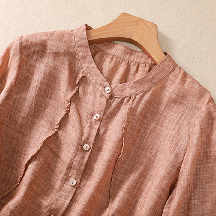 Buddha Stones Casual Daily Plain Button Ruffled Design Stand Collar Women's Cotton Linen Three Quarter Sleeve Shirt - image 17