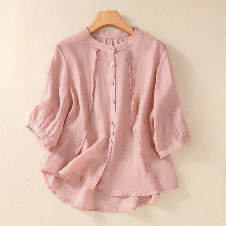 Buddha Stones Casual Daily Plain Button Ruffled Design Stand Collar Women's Cotton Linen Three Quarter Sleeve Shirt - LightPink - US8-10，UK/AU12-14，EU40-42 (2XL) - image 23