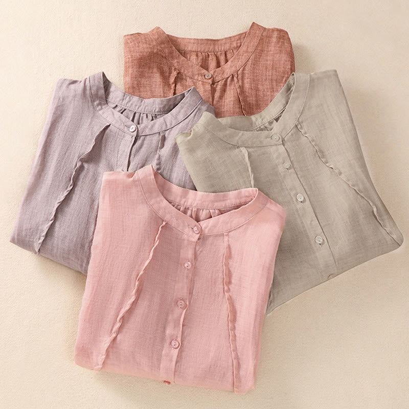 Buddha Stones Casual Daily Plain Button Ruffled Design Stand Collar Women's Cotton Linen Three Quarter Sleeve Shirt Cardigan - image 31