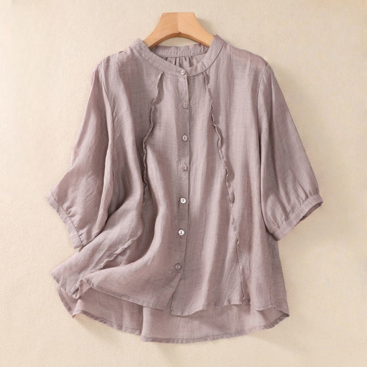 Buddha Stones Casual Daily Plain Button Ruffled Design Stand Collar Women's Cotton Linen Three Quarter Sleeve Shirt Cardigan - Thistle - US8-10，UK/AU12-14，EU40-42 (2XL) - image 0