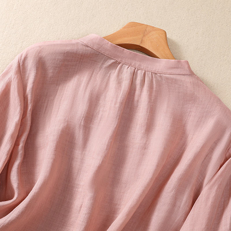 Buddha Stones Casual Daily Plain Button Ruffled Design Stand Collar Women's Cotton Linen Three Quarter Sleeve Shirt Cardigan - image 26