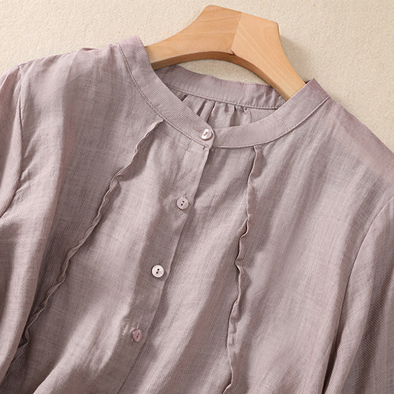 Buddha Stones Casual Daily Plain Button Ruffled Design Stand Collar Women's Cotton Linen Three Quarter Sleeve Shirt - image 2