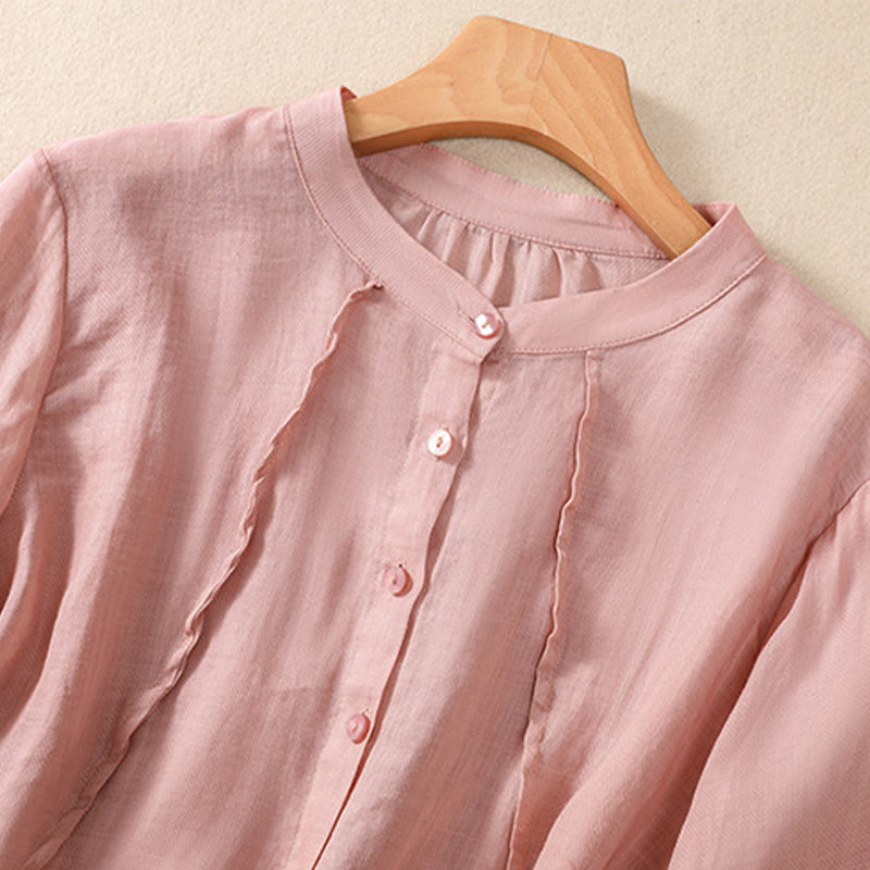 Buddha Stones Casual Daily Plain Button Ruffled Design Stand Collar Women's Cotton Linen Three Quarter Sleeve Shirt Cardigan - image 24