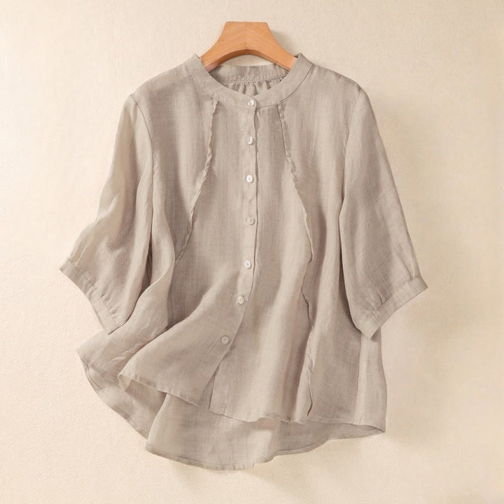 Buddha Stones Casual Daily Plain Button Ruffled Design Stand Collar Women's Cotton Linen Three Quarter Sleeve Shirt - Tan - US8-10，UK/AU12-14，EU40-42 (2XL) - image 7
