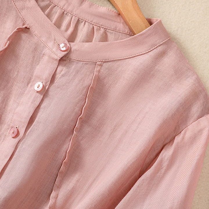 Buddha Stones Casual Daily Plain Button Ruffled Design Stand Collar Women's Cotton Linen Three Quarter Sleeve Shirt - image 25
