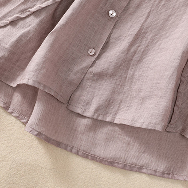 Buddha Stones Casual Daily Plain Button Ruffled Design Stand Collar Women's Cotton Linen Three Quarter Sleeve Shirt Cardigan - image 6