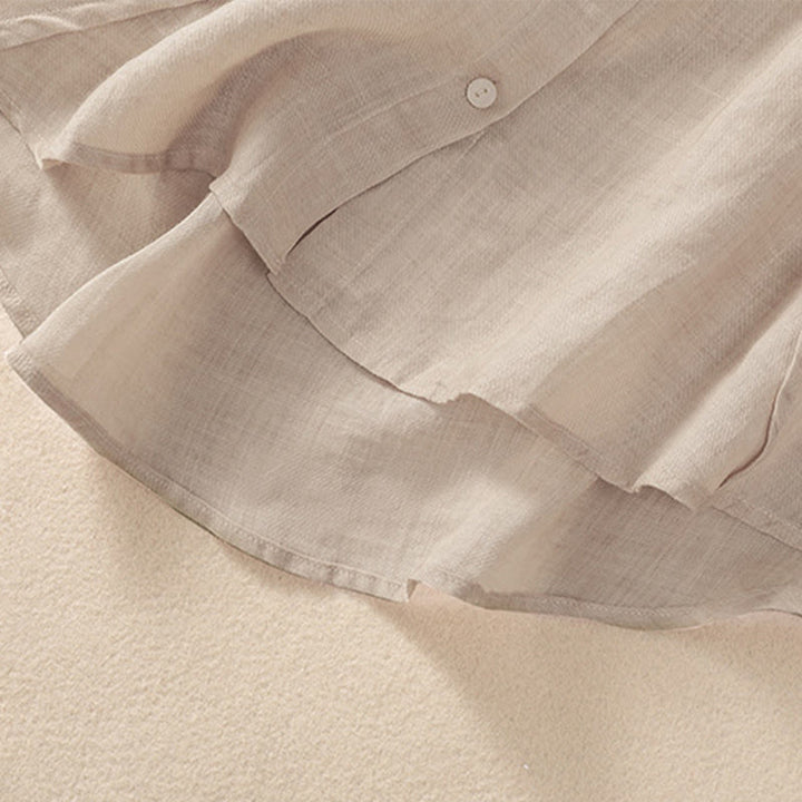 Buddha Stones Casual Daily Plain Button Ruffled Design Stand Collar Women's Cotton Linen Three Quarter Sleeve Shirt Cardigan - image 13