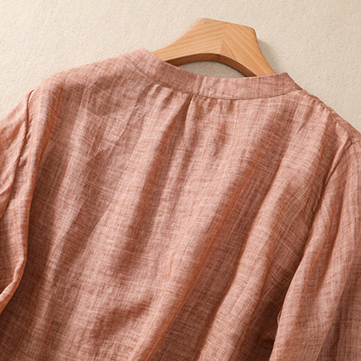 Buddha Stones Casual Daily Plain Button Ruffled Design Stand Collar Women's Cotton Linen Three Quarter Sleeve Shirt Cardigan - image 18