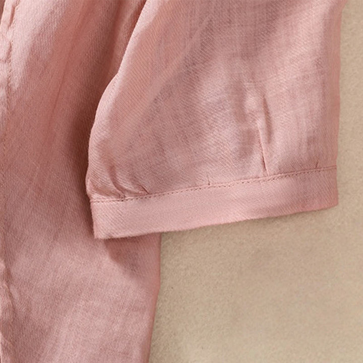 Buddha Stones Casual Daily Plain Button Ruffled Design Stand Collar Women's Cotton Linen Three Quarter Sleeve Shirt - image 28