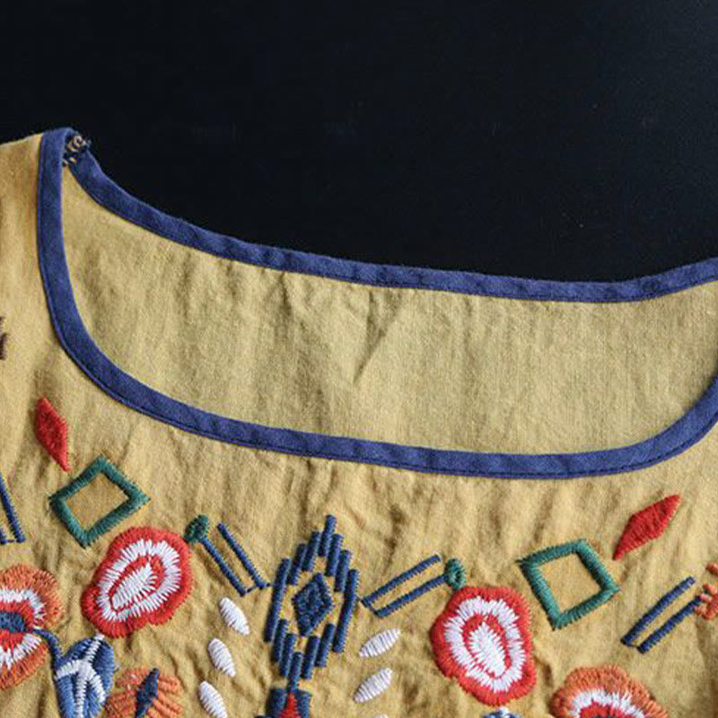 Buddha Stones Retro Artistic Embroidery Floral Pattern Crew Neck Women's Cotton Linen Short Sleeve T-Shirt - image 14