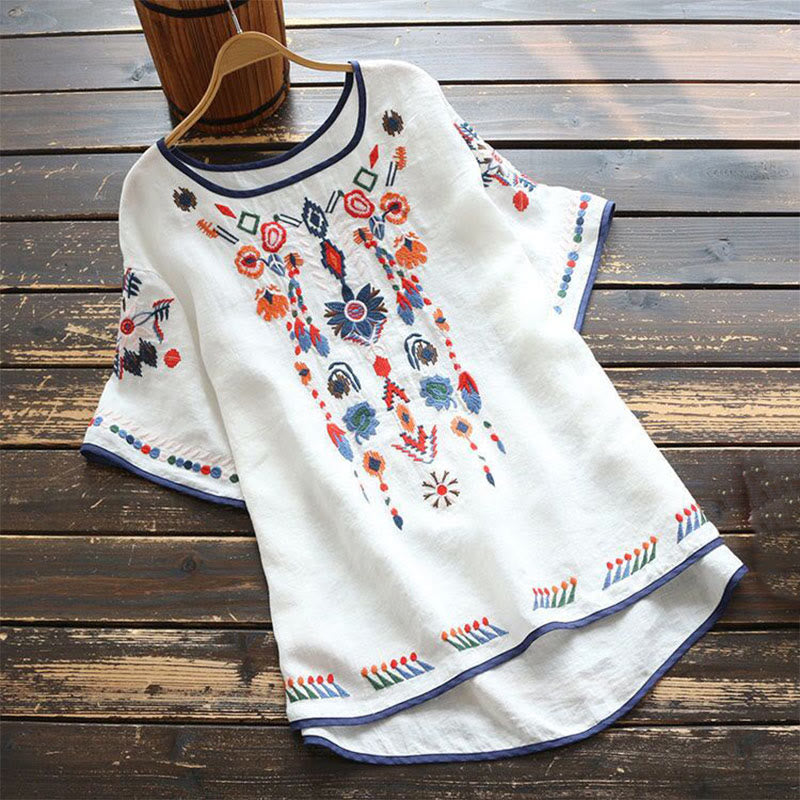 Buddha Stones Retro Artistic Embroidery Floral Pattern Crew Neck Women's Cotton Linen Short Sleeve T-Shirt - White - US14，UK/AU18，EU46 (4XL) - image 0