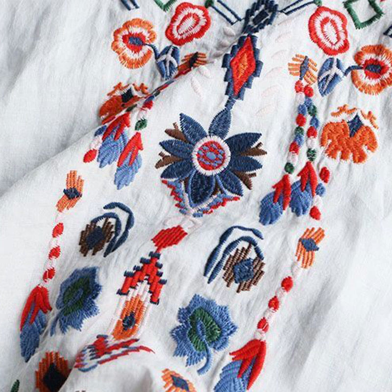 Buddha Stones Retro Artistic Embroidery Floral Pattern Crew Neck Women's Cotton Linen Short Sleeve T-Shirt - image 6