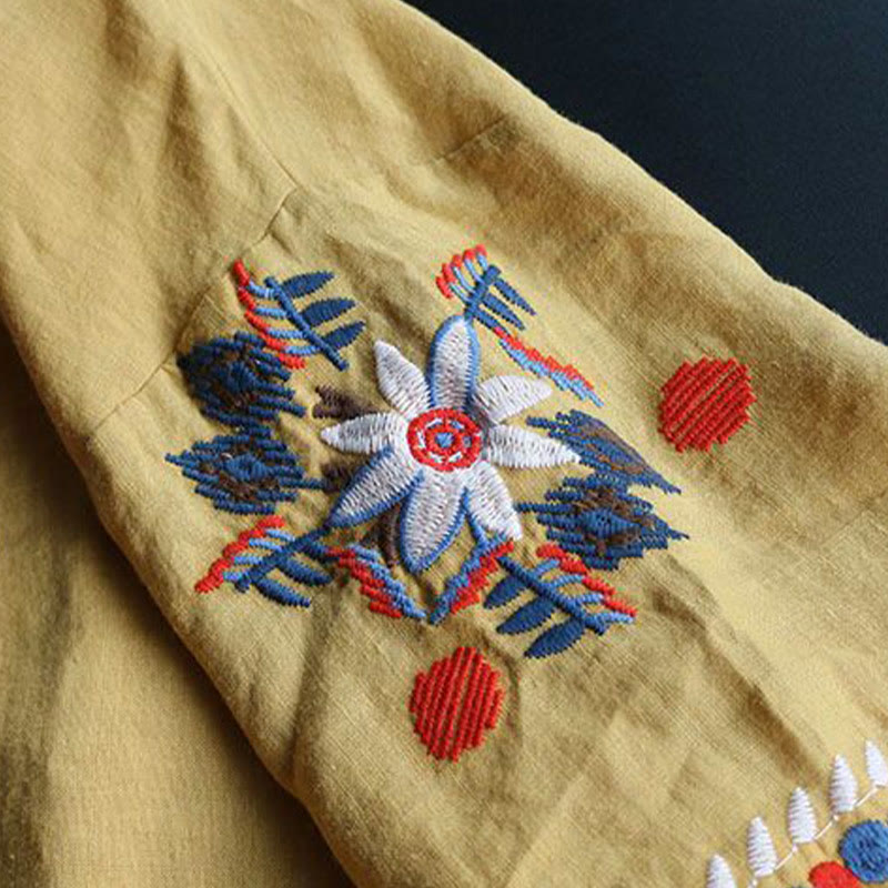 Buddha Stones Retro Artistic Embroidery Floral Pattern Crew Neck Women's Cotton Linen Short Sleeve T-Shirt - image 16