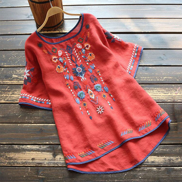 Buddha Stones Retro Artistic Embroidery Floral Pattern Crew Neck Women's Cotton Linen Short Sleeve T-Shirt - Red - US14，UK/AU18，EU46 (4XL) - image 8