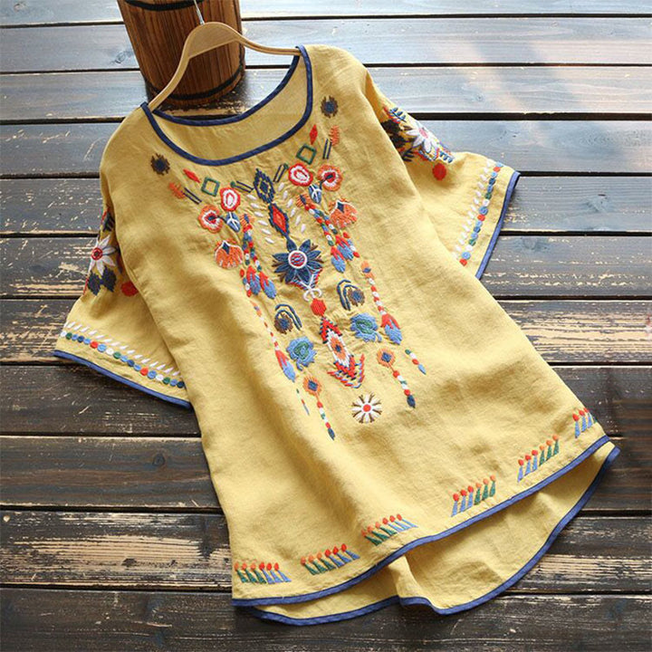 Buddha Stones Retro Artistic Embroidery Floral Pattern Crew Neck Women's Cotton Linen Short Sleeve T-Shirt - Yellow - US14，UK/AU18，EU46 (4XL) - image 13