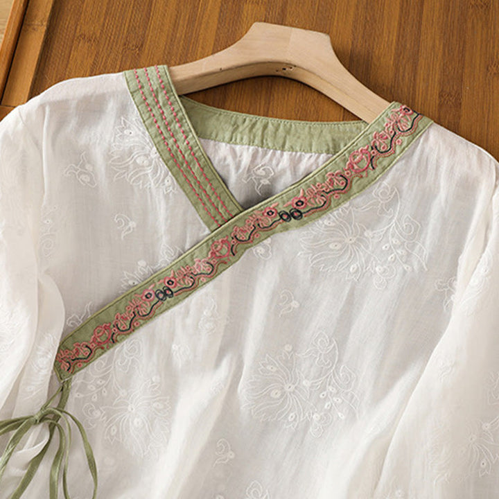 Buddha Stones Summer Vintage Embroidery Plant Floral Lace-Up Design V-Neck Women's Cotton Linen Shirt - image 9