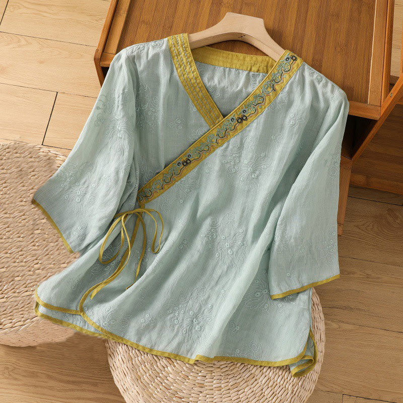 Buddha Stones Summer Vintage Embroidery Plant Floral Lace-Up Design V-Neck Women's Cotton Linen Shirt - MediumTurquoise - US8-10，UK/AU12-14，EU40-42 (2XL) - image 17