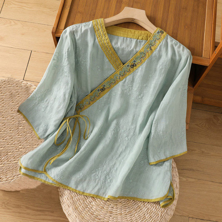 Buddha Stones Summer Vintage Embroidery Plant Floral Lace-Up Design V-Neck Women's Cotton Linen Shirt - MediumTurquoise - US8-10，UK/AU12-14，EU40-42 (2XL) - image 17