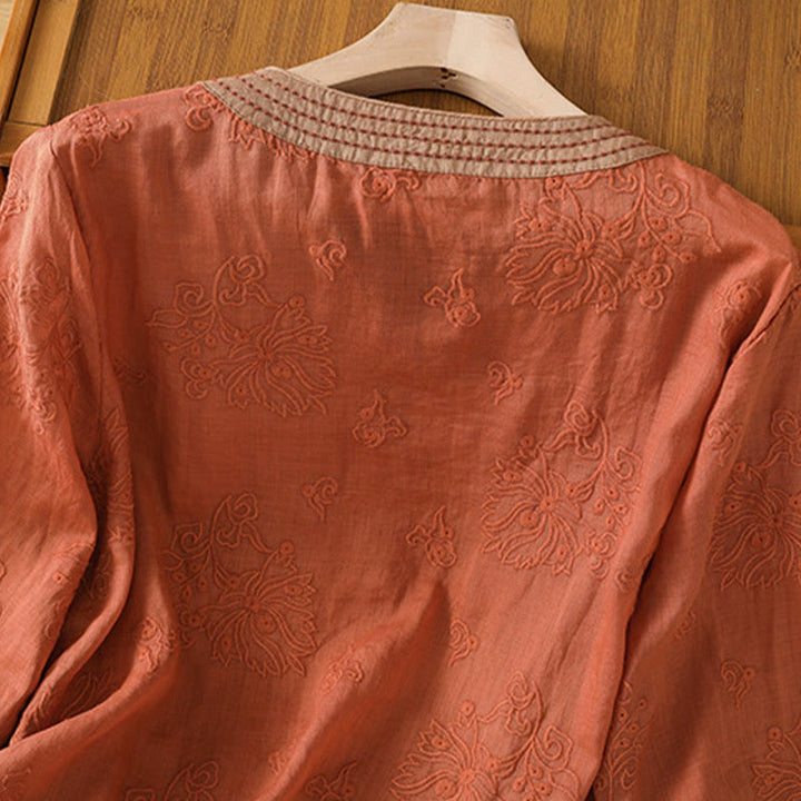 Buddha Stones Summer Vintage Embroidery Plant Floral Lace-Up Design V-Neck Women's Cotton Linen Shirt - image 3