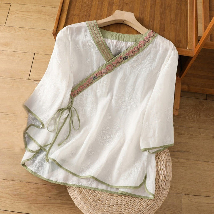 Buddha Stones Summer Vintage Embroidery Plant Floral Lace-Up Design V-Neck Women's Cotton Linen Shirt - White - US8-10，UK/AU12-14，EU40-42 (2XL) - image 7