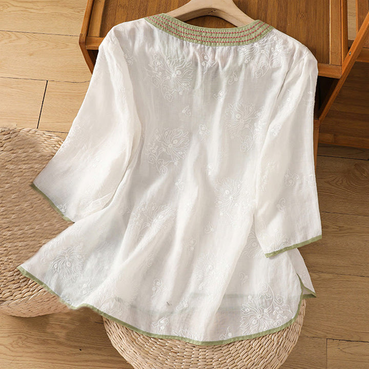Buddha Stones Summer Vintage Embroidery Plant Floral Lace-Up Design V-Neck Women's Cotton Linen Shirt - image 8