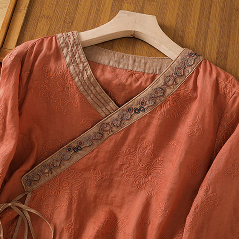 Buddha Stones Summer Vintage Embroidery Plant Floral Lace-Up Design V-Neck Women's Cotton Linen Shirt - image 2