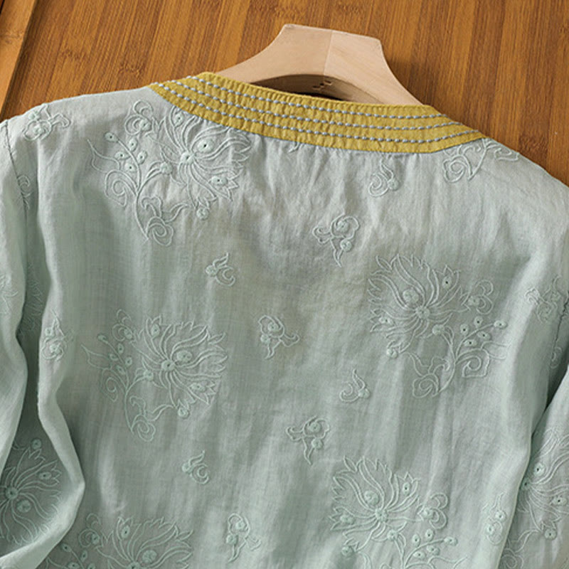 Buddha Stones Summer Vintage Embroidery Plant Floral Lace-Up Design V-Neck Women's Cotton Linen Shirt - image 20