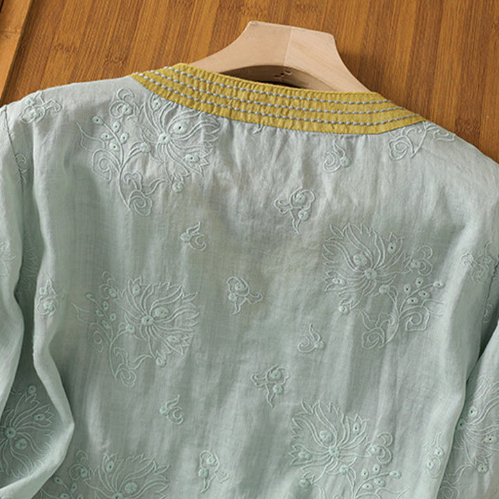 Buddha Stones Summer Vintage Embroidery Plant Floral Lace-Up Design V-Neck Women's Cotton Linen Shirt - image 20