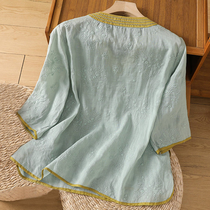 Buddha Stones Summer Vintage Embroidery Plant Floral Lace-Up Design V-Neck Women's Cotton Linen Shirt - image 18